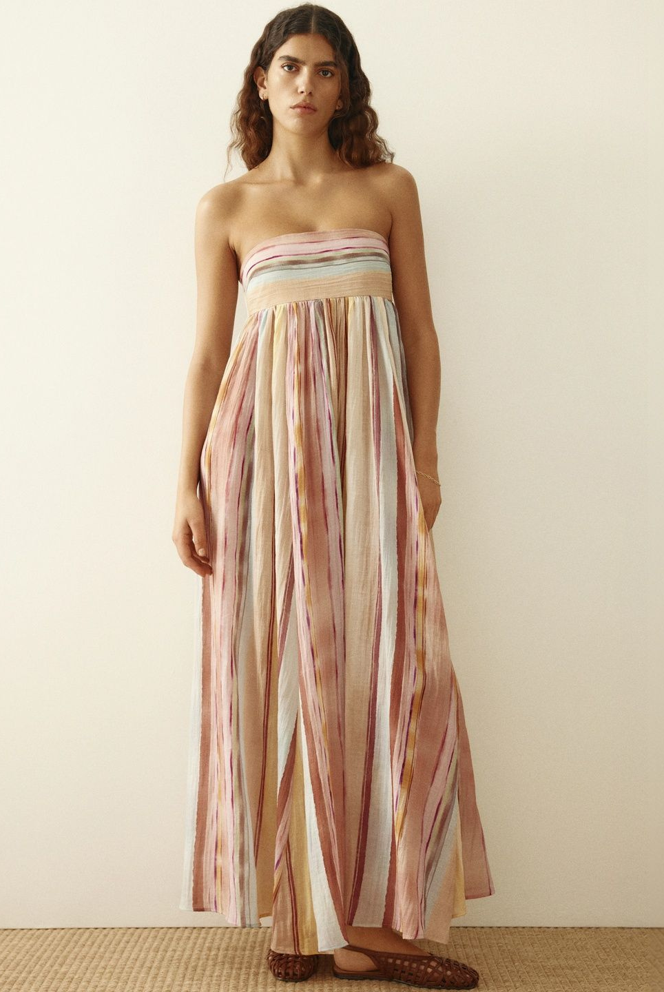 Strapless long dress with pastel stripes, front view