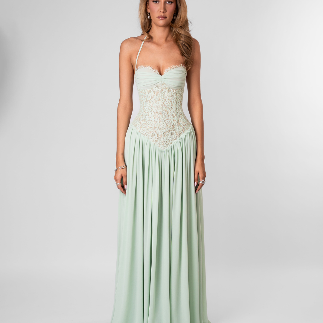 Mint lace bodice maxi dress, front view