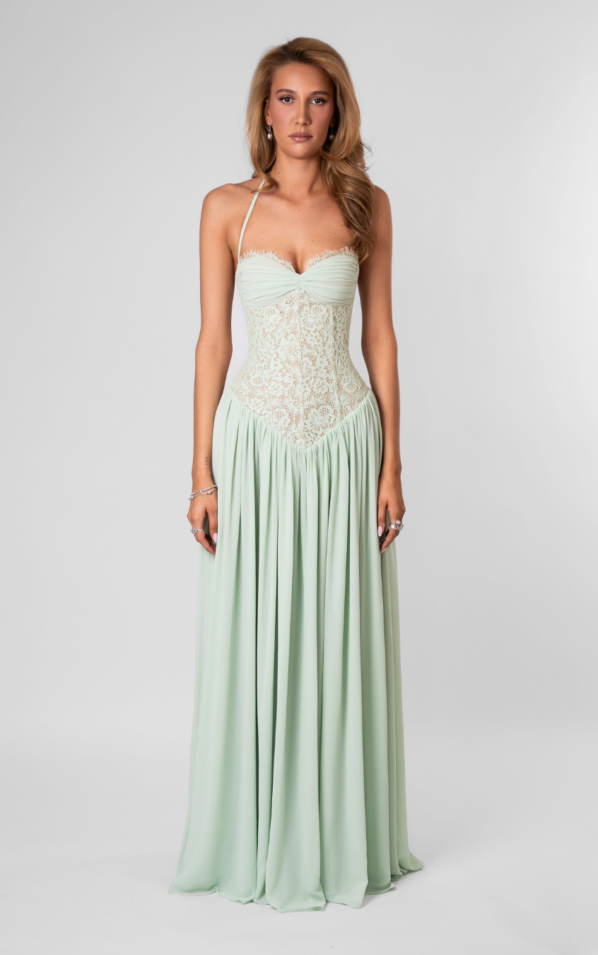 Mint lace bodice maxi dress, front view