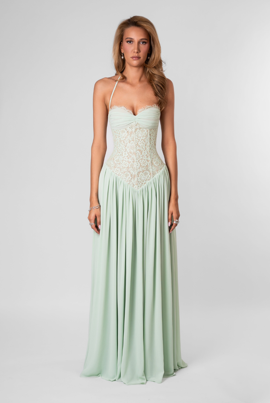 Mint lace bodice maxi dress, front view