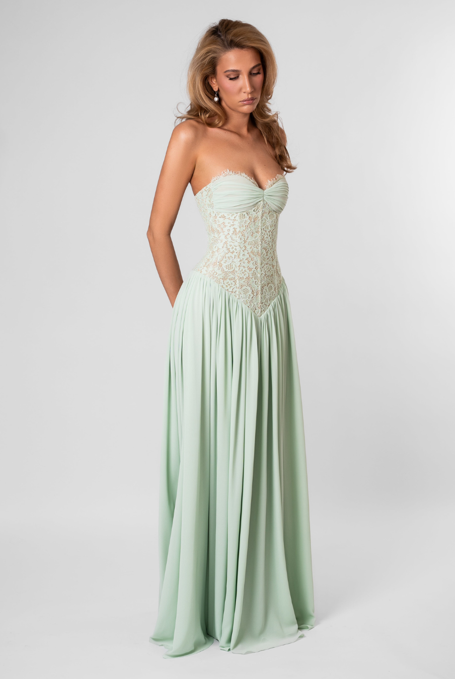 Mint flowy maxi dress, angled view