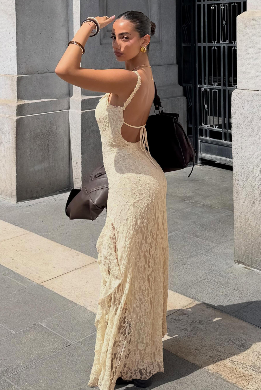 Cream midi dress with side slit, back view