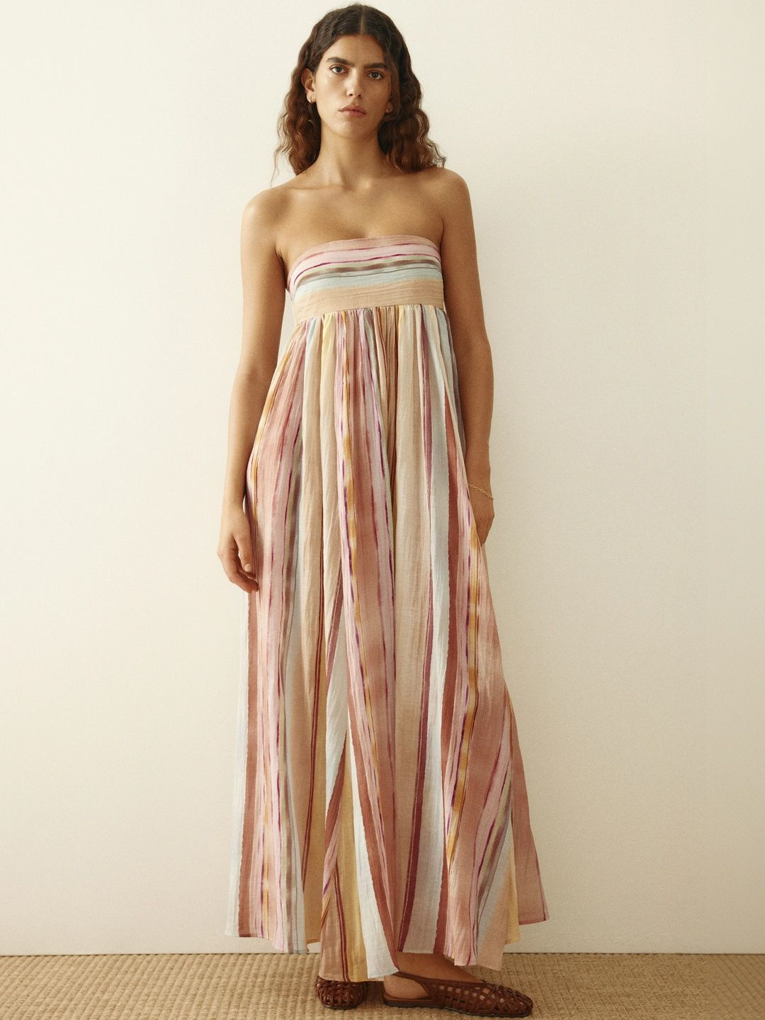 Strapless long dress with pastel stripes, front view