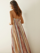 Back view of pastel striped long dress