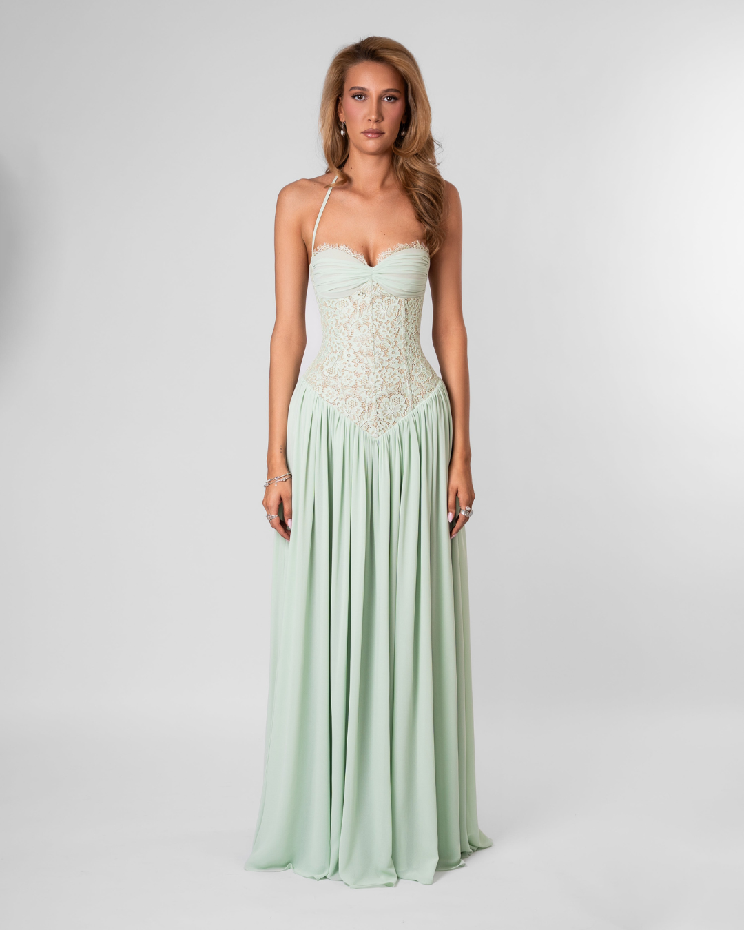 Mint lace bodice maxi dress, front view