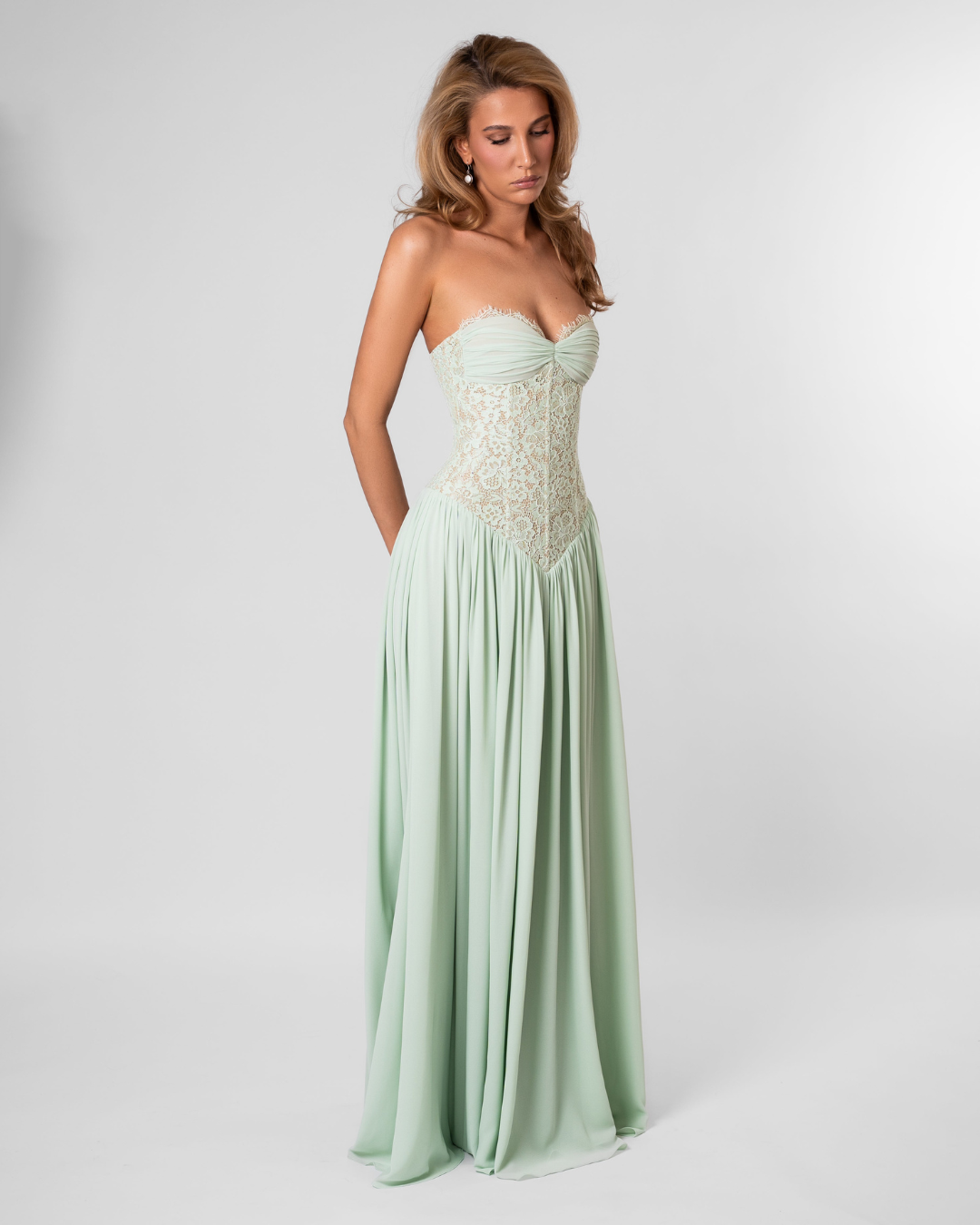 Mint flowy maxi dress, angled view