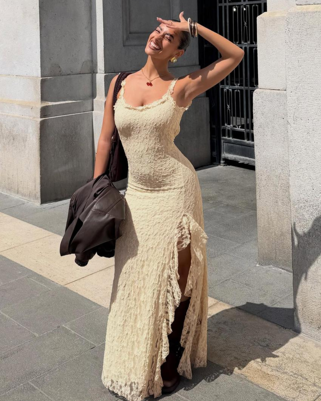 Cream midi dress with flirty slit, front view