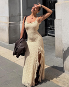 Cream midi dress with flirty slit, front view